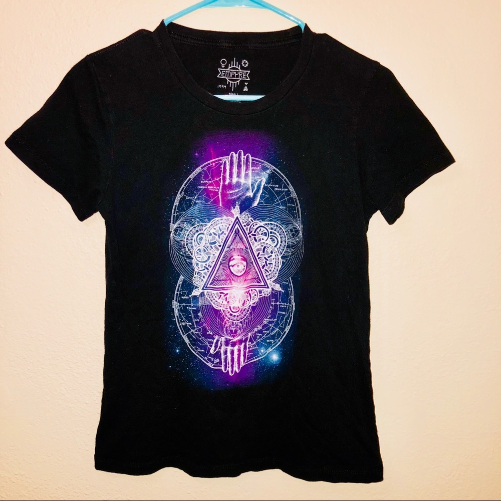 2/$10 Rad Black Abstract Mandala/Hand/Stars Tee